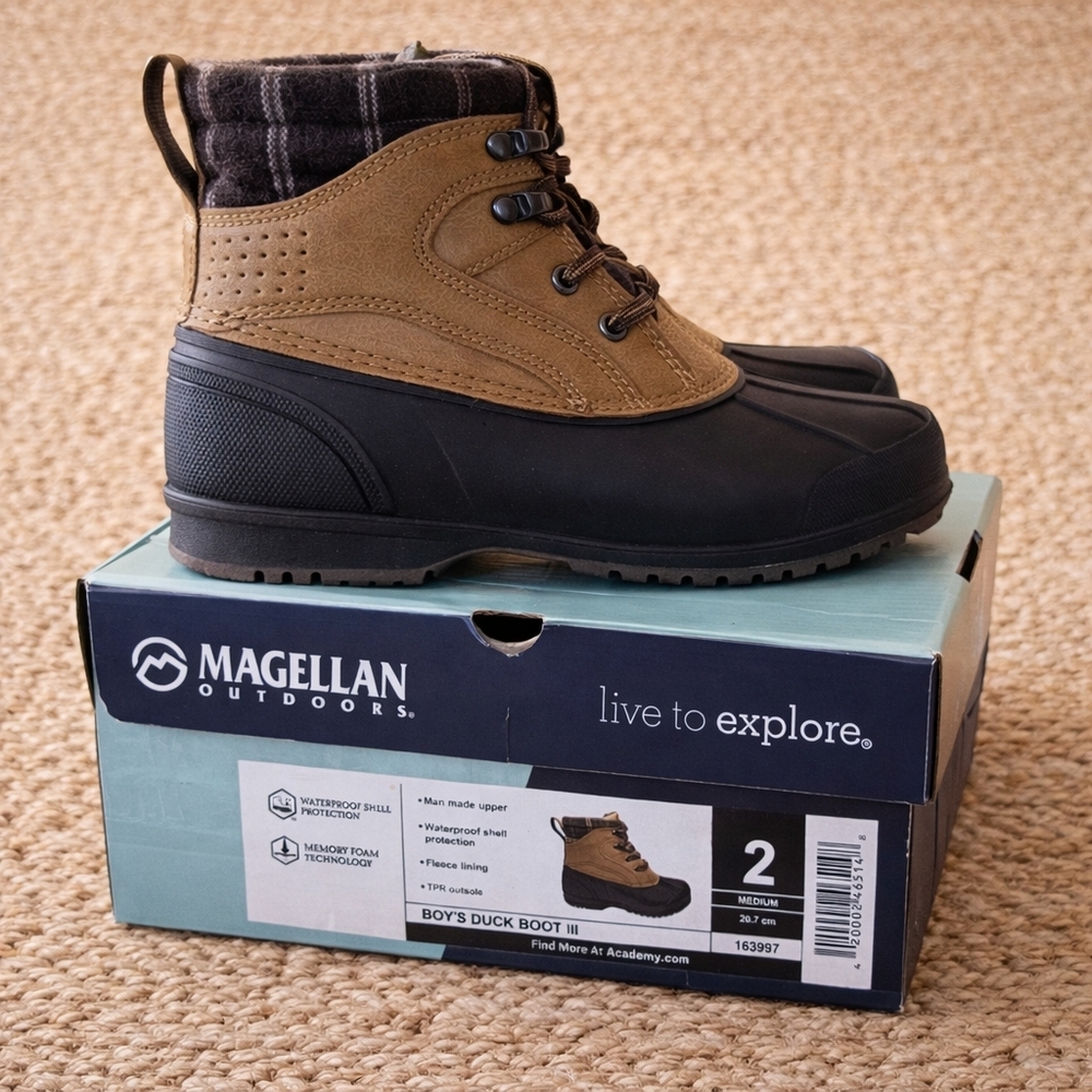 Magellan Outdoors Brown and Black Kids Duck Boots with Plaid Collar